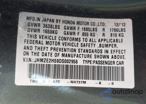 2013 Honda Insight Lx from USA, damaged, VIN JHMZE2H59DS002956